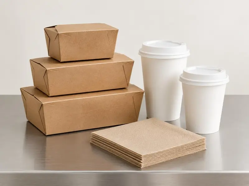 Kraft to-go boxes, lidded paper cups and napkins