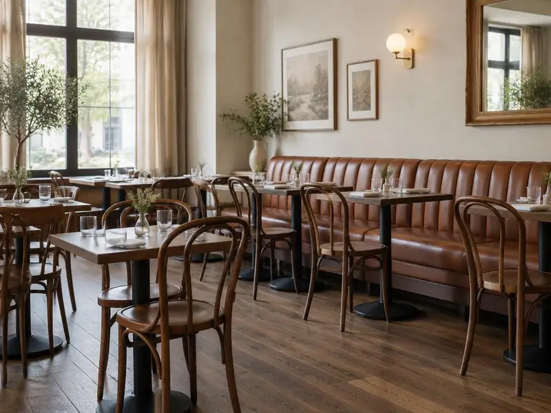 Restaurant dining room with wood bistro chairs and a leather banquette