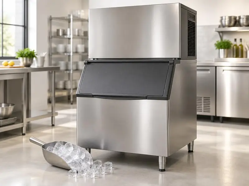 Commercial ice machine on a storage bin with a scoop of cube ice
