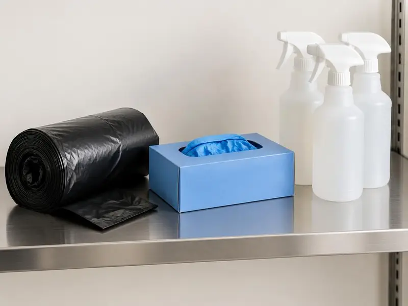 Roll of black trash bags, a box of nitrile gloves and spray bottles on a shelf