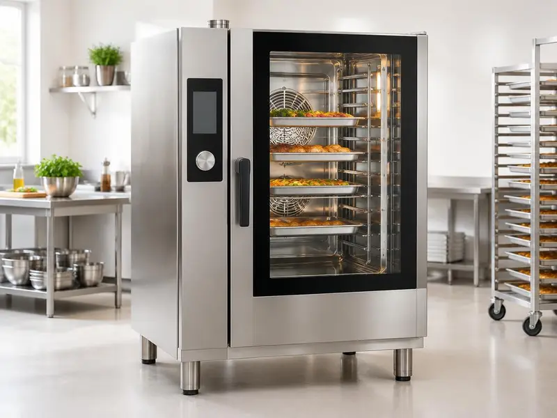Stainless combi oven with a glass door and sheet pans inside