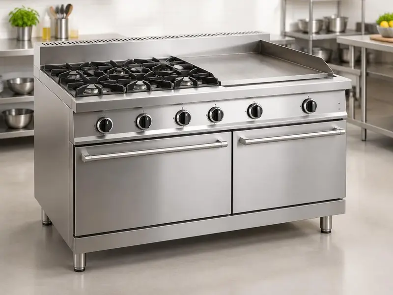 Stainless commercial gas range with open burners and a flat-top griddle