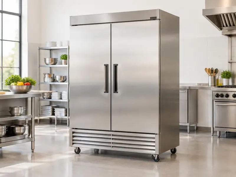 Two-door stainless reach-in refrigerator in a professional kitchen