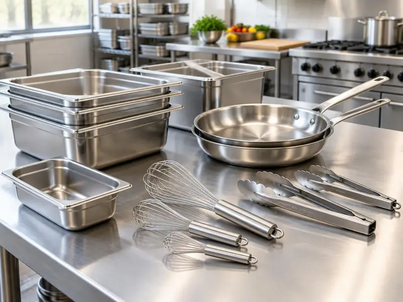 Hotel pans, sauté pans, whisks and tongs on a steel prep table