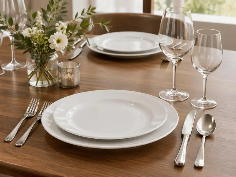 White plates, wine glasses and flatware set on a wood table