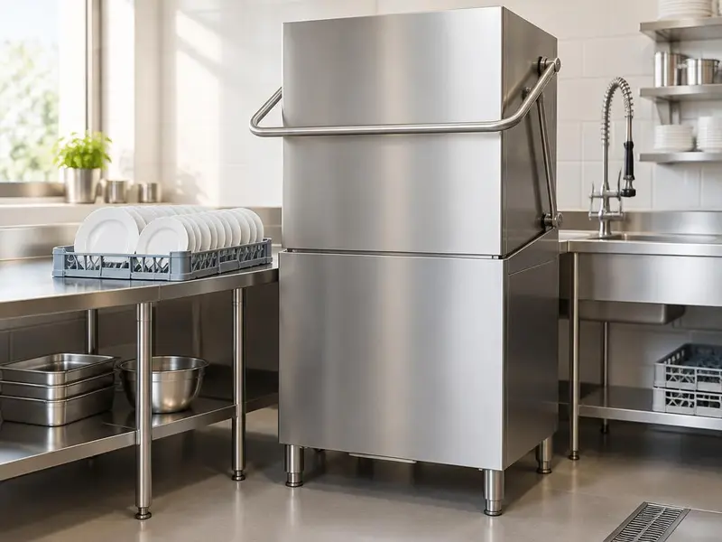 Stainless door-type dishwasher beside a rack of white plates